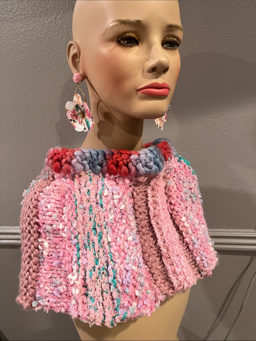 Hand-Knit Pink Multicolor Women's Sweater Cape